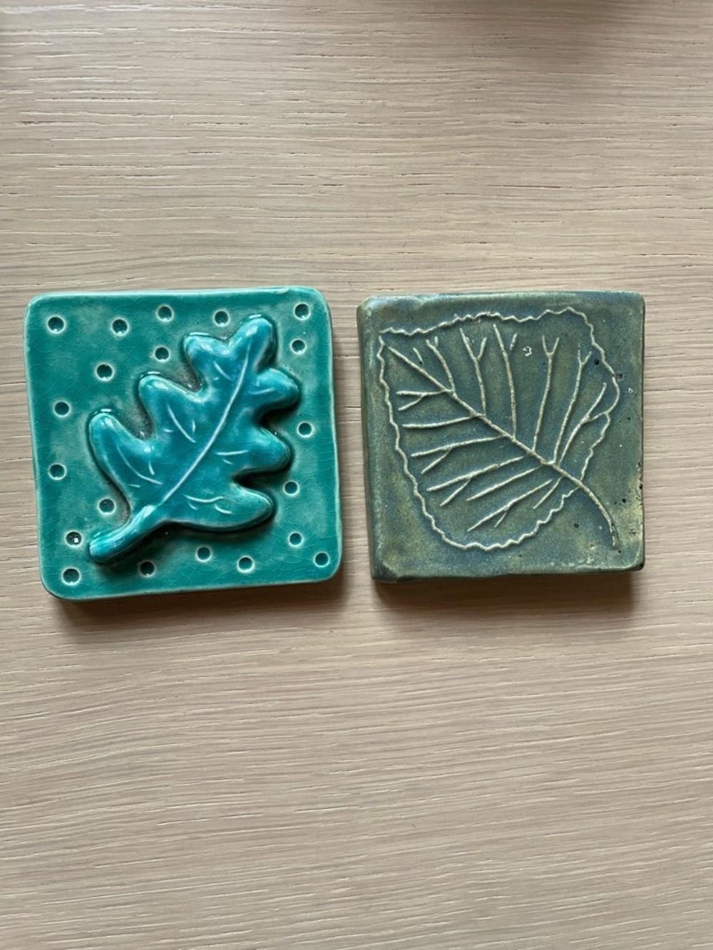 Handmade Ceramic Leaf Tiles - Teal & Moss Green